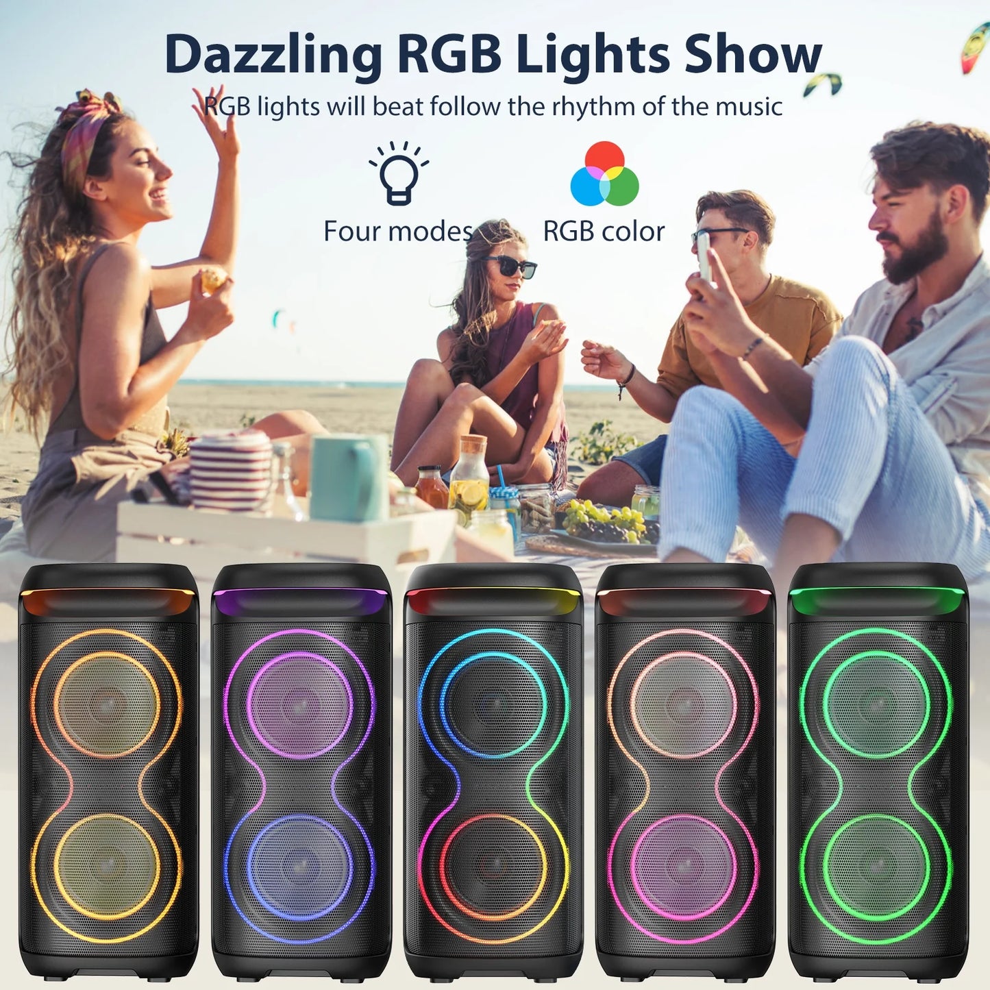Large Party Speaker, Bluetooth Speaker with LED Light, Two 6.5'' Subwoofer Loud Speaker, T20